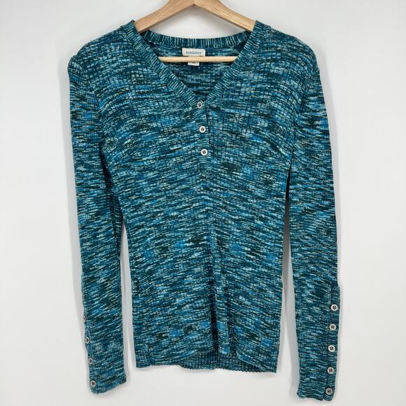 Sundance Create Beauty Henley Top Blue Womens M Thermal 3/4 Button V Neck Ribbed - Picture 1 of 6